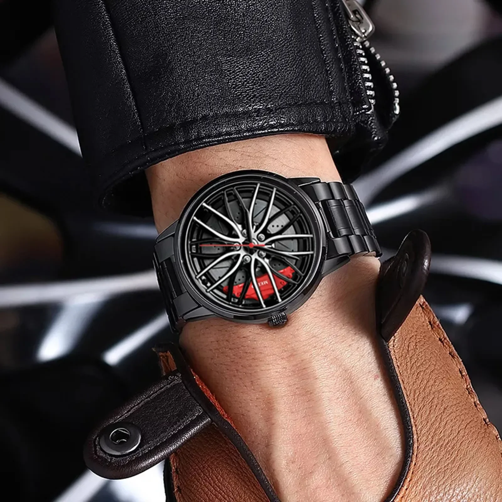 Car Watches for Men Stainless Steel Quartz Wrist Watch Sports Men Watches with Car Wheel Rim Hub Design Reloj Hombre