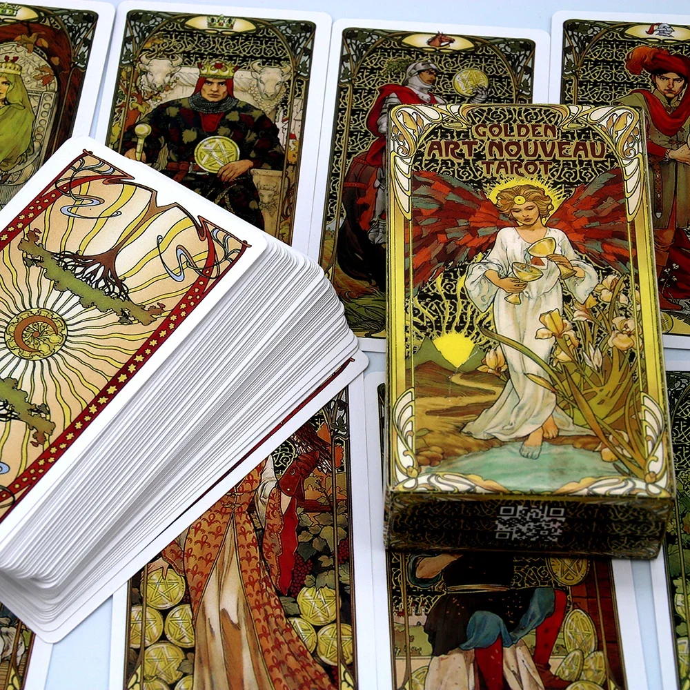 Golden Art Nouveau Tarot Deck Cards with Guidebook Cards Occult Divination Book Sets for Beginners Classic Art Nouveau Style