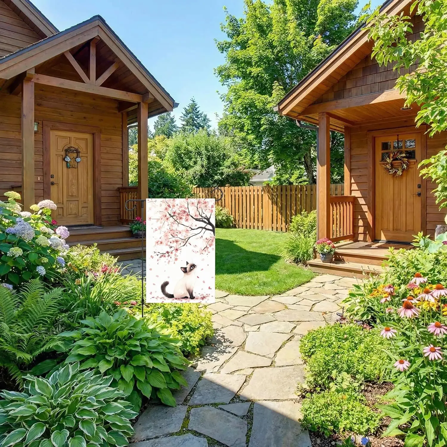 Spring Summer Garden Flag 12x18 Double Sided, Burlap Small Siamese Cat Cherry blossom Yard House Outside Outdoor Seasonal Po AAS