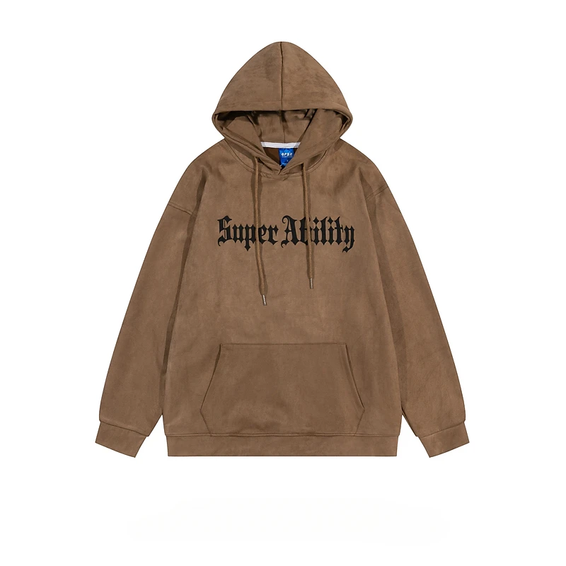 

American Street Suede Letter Printed Hooded Sweatshirts Men's Trendy Brand Plus Velvet Warm Loose Versatile Casual Pullovers