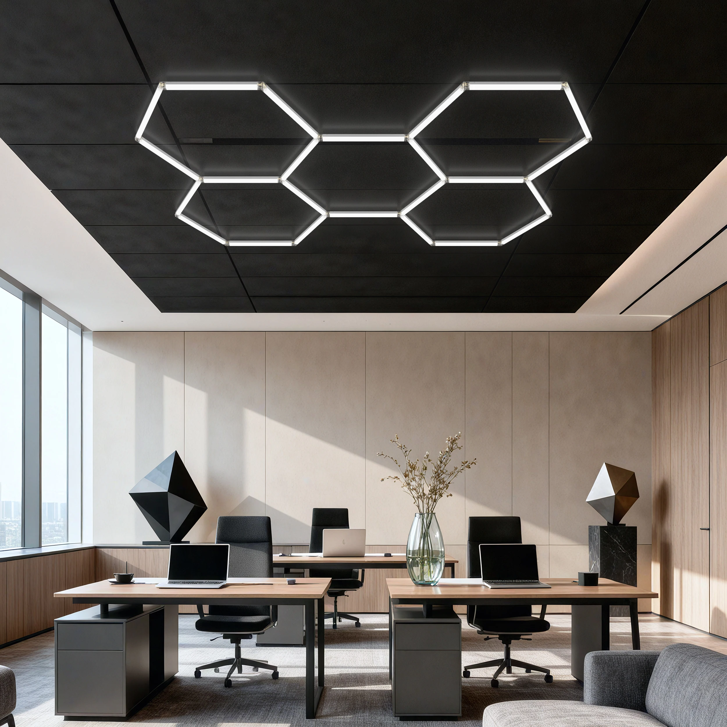 Hexagonal LED Ceiling Light for Home Garage & Commercial Workshop Systems High Lumens Cold White
