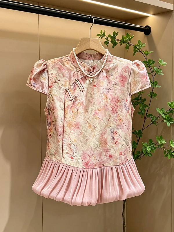 

plus Size Traditional Chinese Button Short Sleeve Shirt Women's Beautiful Small Top Korean Style Loose Fit Summer New Arrival