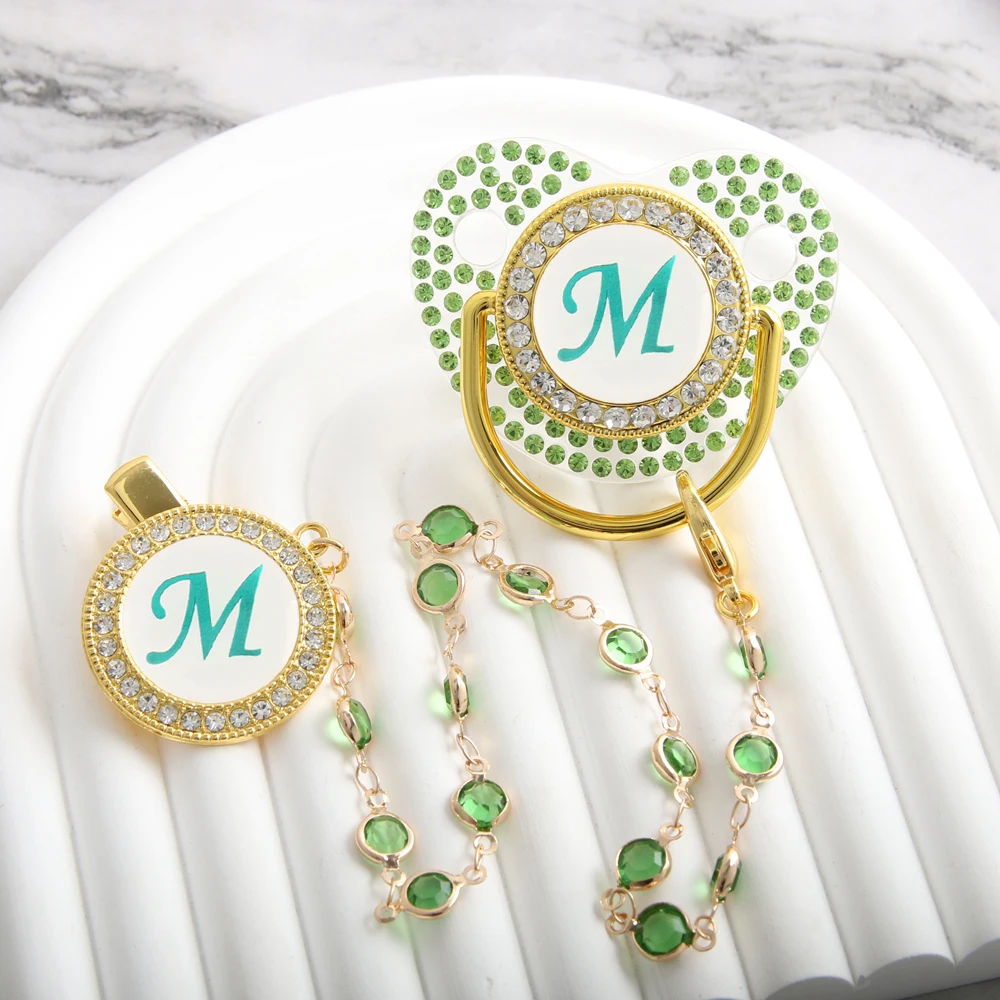 Clear 26 Initial Letters Green Bling Baby Pacifier With Diamond Chain Clip Diamonds Nipple