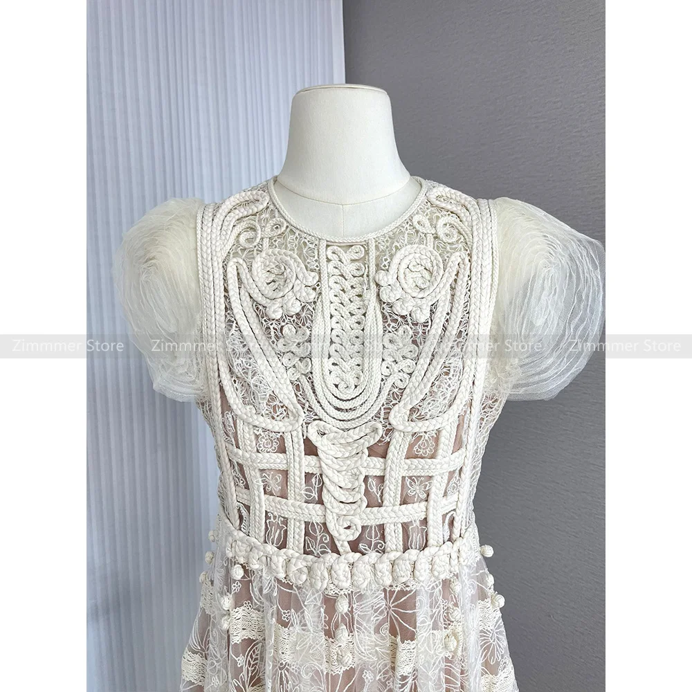 Vietnam niche design heavy lace white small dress embroidered flowers waisted strapless mesh dresses