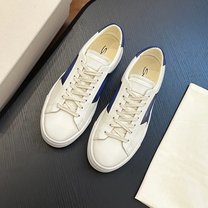 Men's Blue Paneled Low-top Double Buckle Leather Sneakers Heritage Aesthetics Meet Contemporary Charm Flat casual shoes