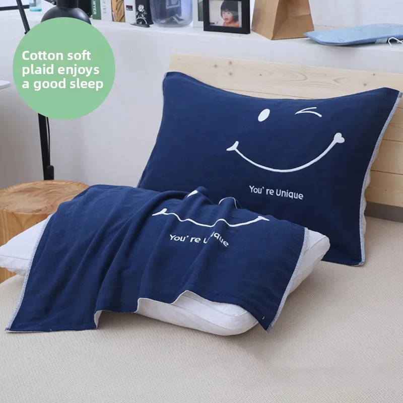 

Smiley Gauze Pillow Towel Breathable Soft Cartoon Design for Sleeping Pillow Cover Dormitory Cotton Skin Friendly Couple Bedding