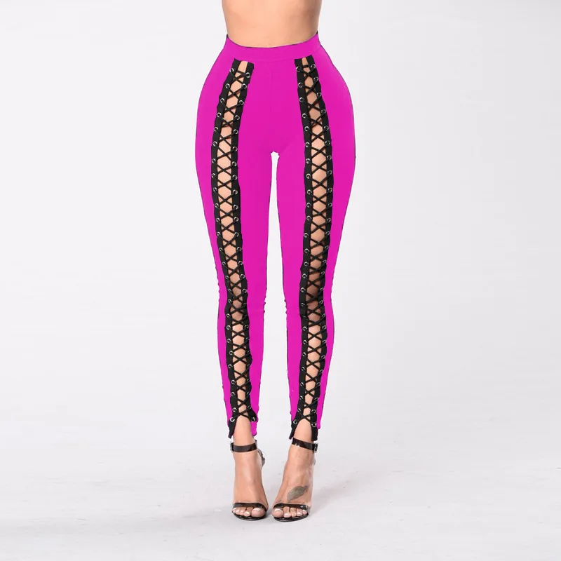 Frauen Schwarz Leggings Sexy Umreifung Strang Leer Seil Slim Fit Außen Tragen Hosen Mit Löcher Vorderes Lila Rot Große Größe vier – Detail 13