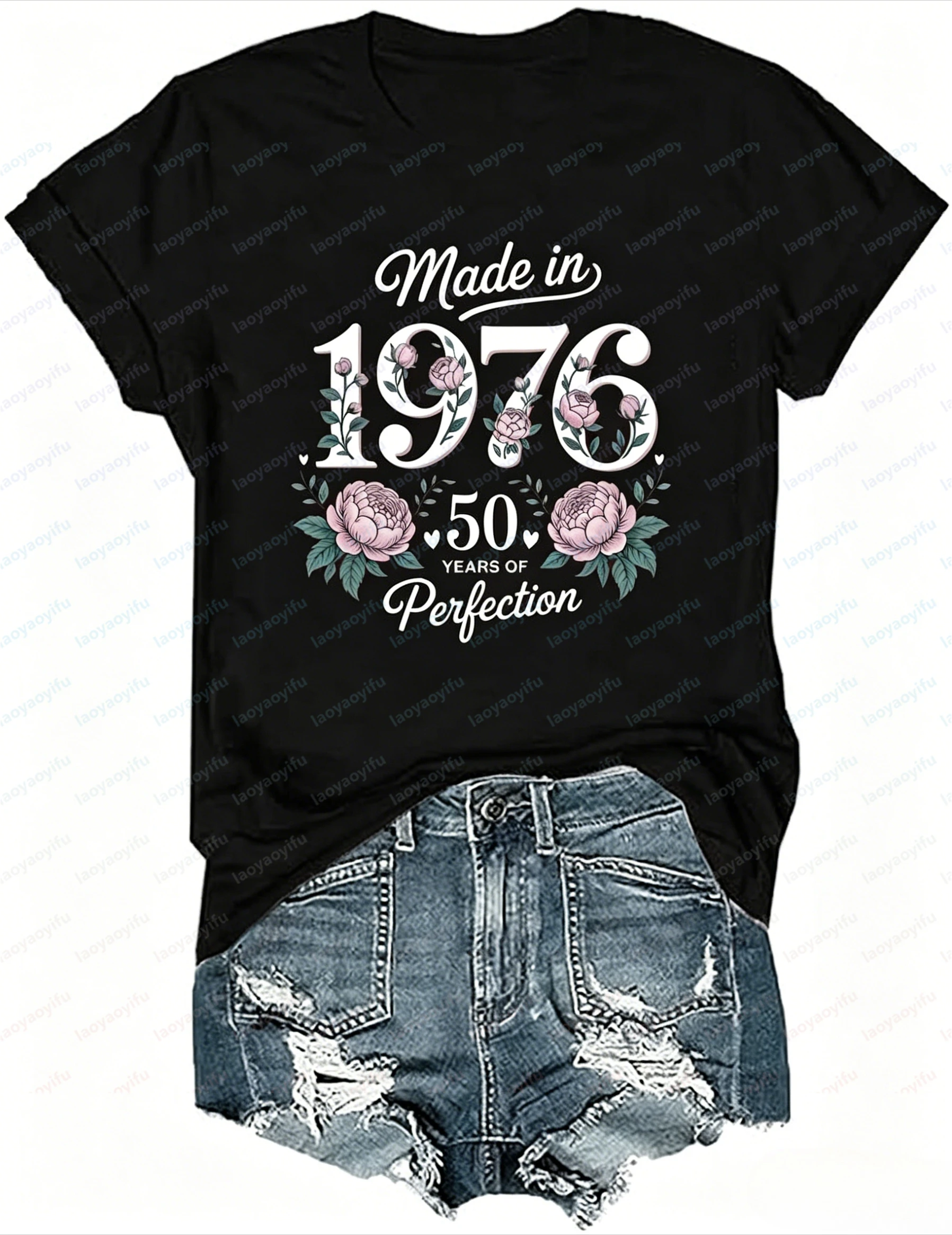 Fashion Women T-Shirt Summer Short Sleeve 1976 50th Birthday Flower Graphic Tee 50 Years of Perfection Casual Vintage Clothing