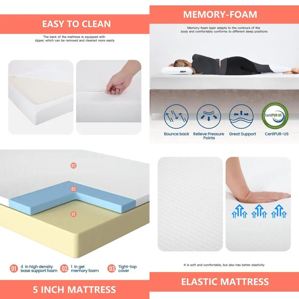 

| 5 Inch Twin Mattress | Medium Firm | Gel Memory Foam Mattress | White | Bed in a Box, CertiPUR-US Certified | Pressure Relief,