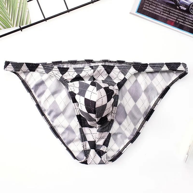 Sexy Men Underwear Grid Briefs U Convex Thong String Bulge Pouch Breathable Panties Male Underpants Intimates Bikini Male Gay