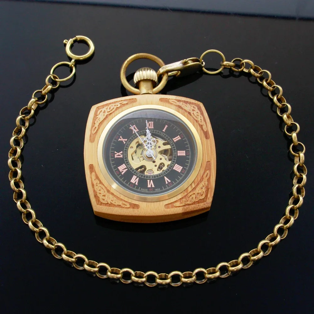 ساعة جيب هيكل عظمي ميكانيكية خشبية أرقام رومانية ساعات جيب خشبية مستطيلة مع سلسلة للرجال