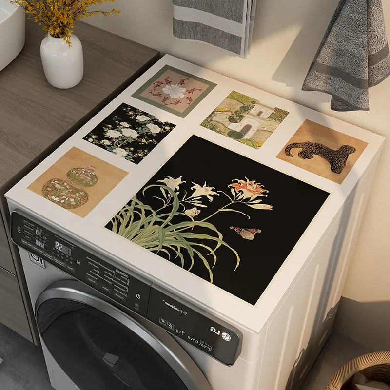 VIKAMA Vintage Collage & Bamboo Diatom Mud Washing Machine Mat, 6 Designs, Non-Slip Absorbent Cover