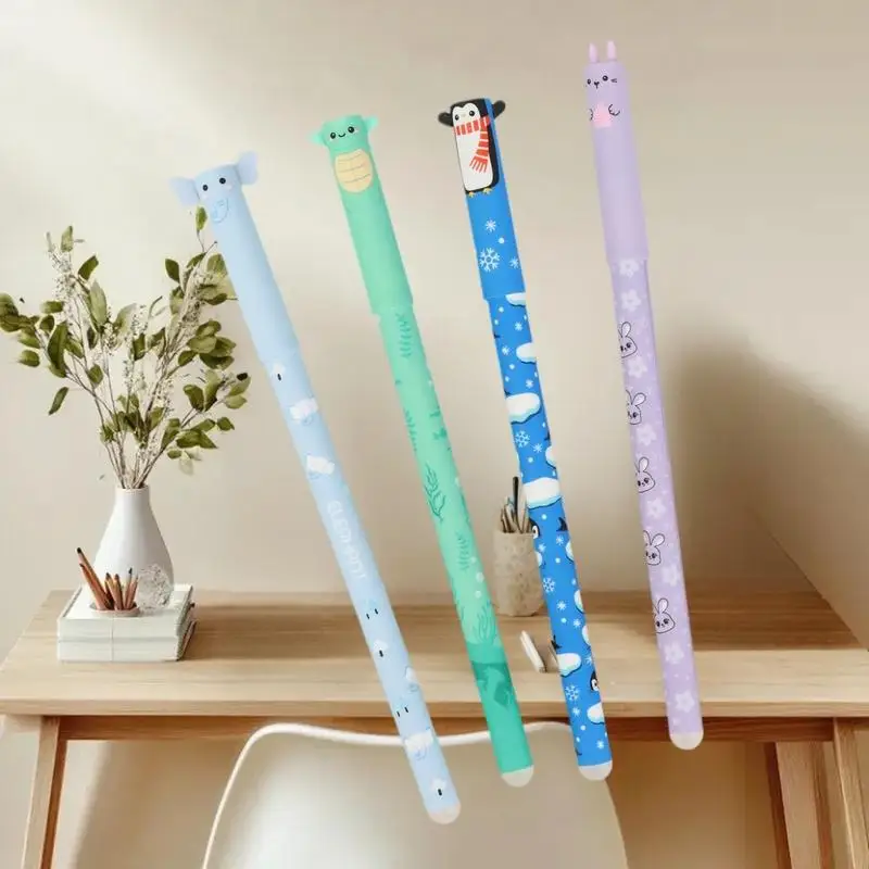 8Pcs 0.5mm Erasable Gel Pens, Cartoon Animal Design, Colorful Ink Smooth Writing, Office School Stationery