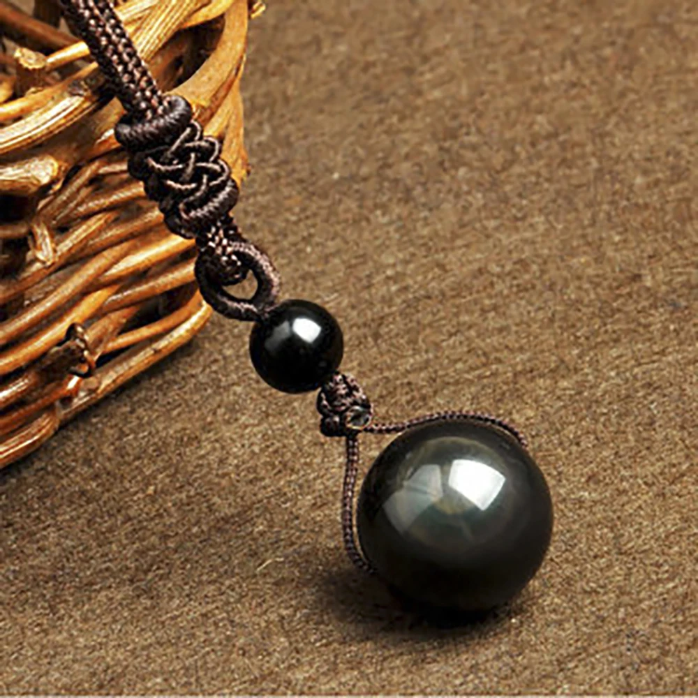 Rainbow Eye Obsidian Bead Pendant Round Ball Crystal Necklace Adjustable Rope Natural Crystal Jewelry Stone Souvenir Gifts