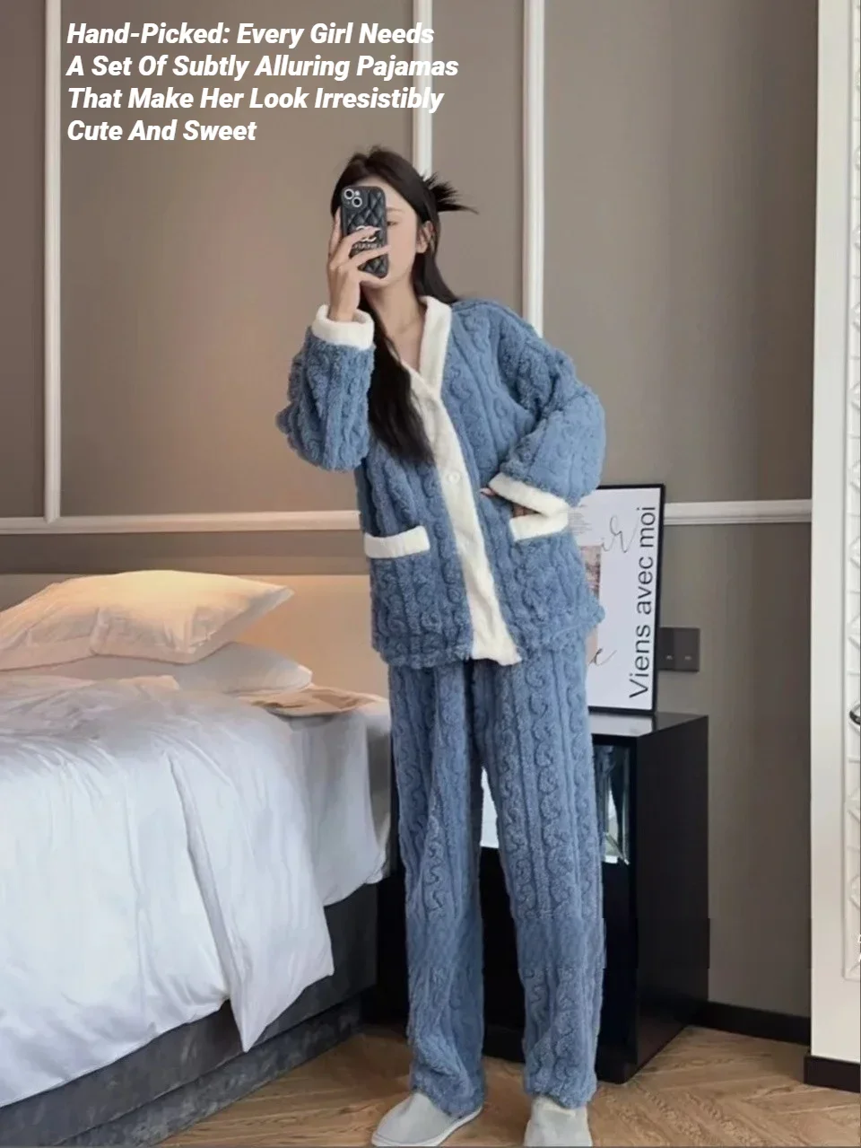 CHUANGERM Damen-Pyjamaset aus Korallenvelours, 2-teilig, für Herbst und Winter, verdickte, wärmende Homewear, bestehend aus Strickjacke und Hose, für Mädchen. – Detail 10