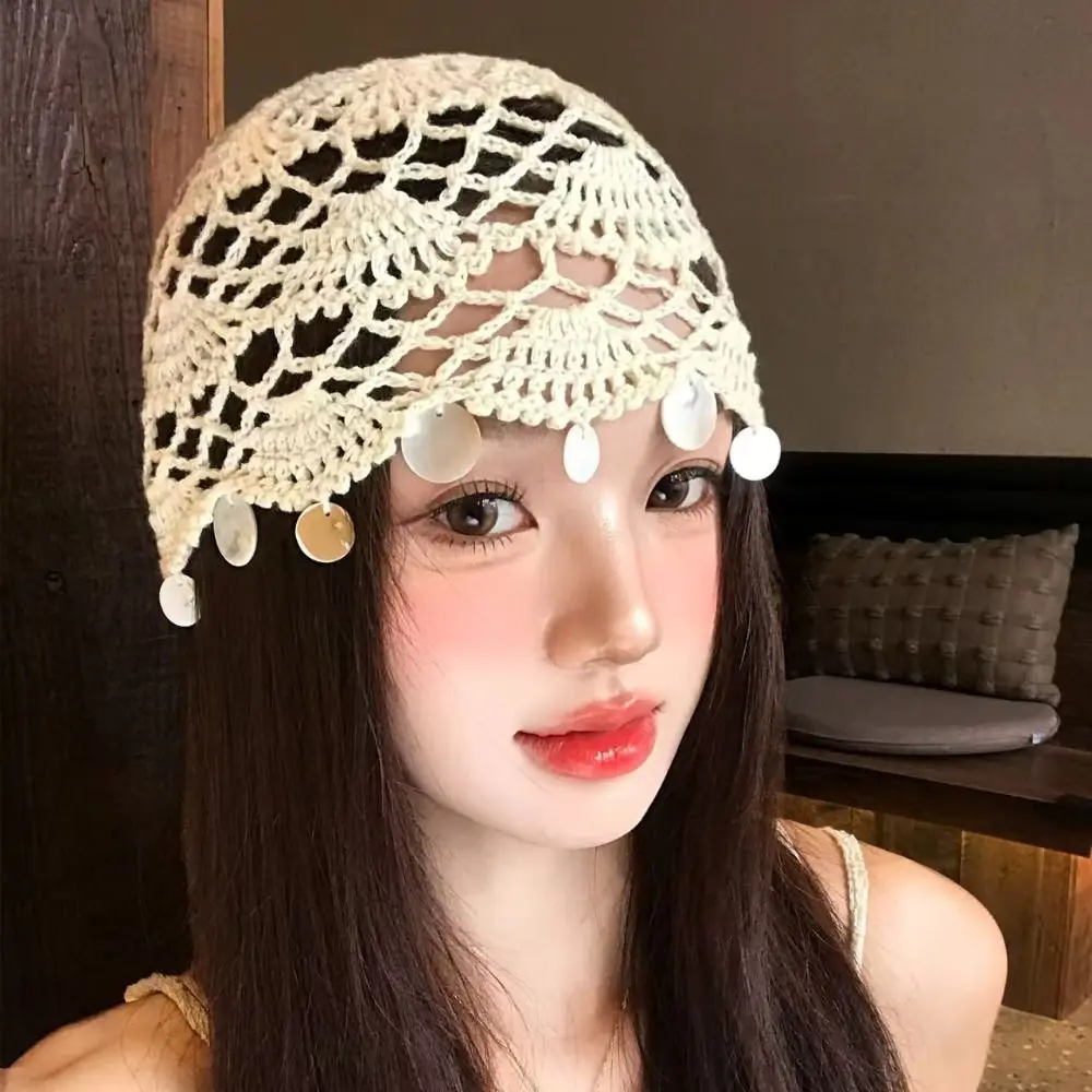 Fashion Elegant Hollowed Out Knitted Hat Thin Solid Color Shell Tassels Hat Ethnic Style Korean Woven Pullover Cap Girls
