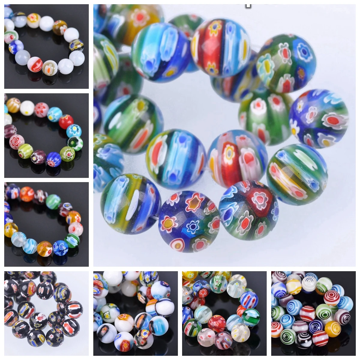 Round 6mm 8mm 10mm 12mm 14mm Mixed Flower Patterns Millefiori Glass Loose Beads Lot For Jewelry Making DIY Crafts Findings