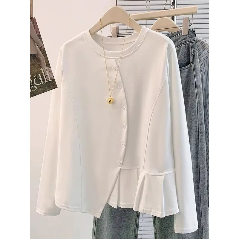 

Модная футболка с длинными рукавами, осень 2024, новая женская однотонная футболка с круглым вырезом и длинными рукавами на пуговицах