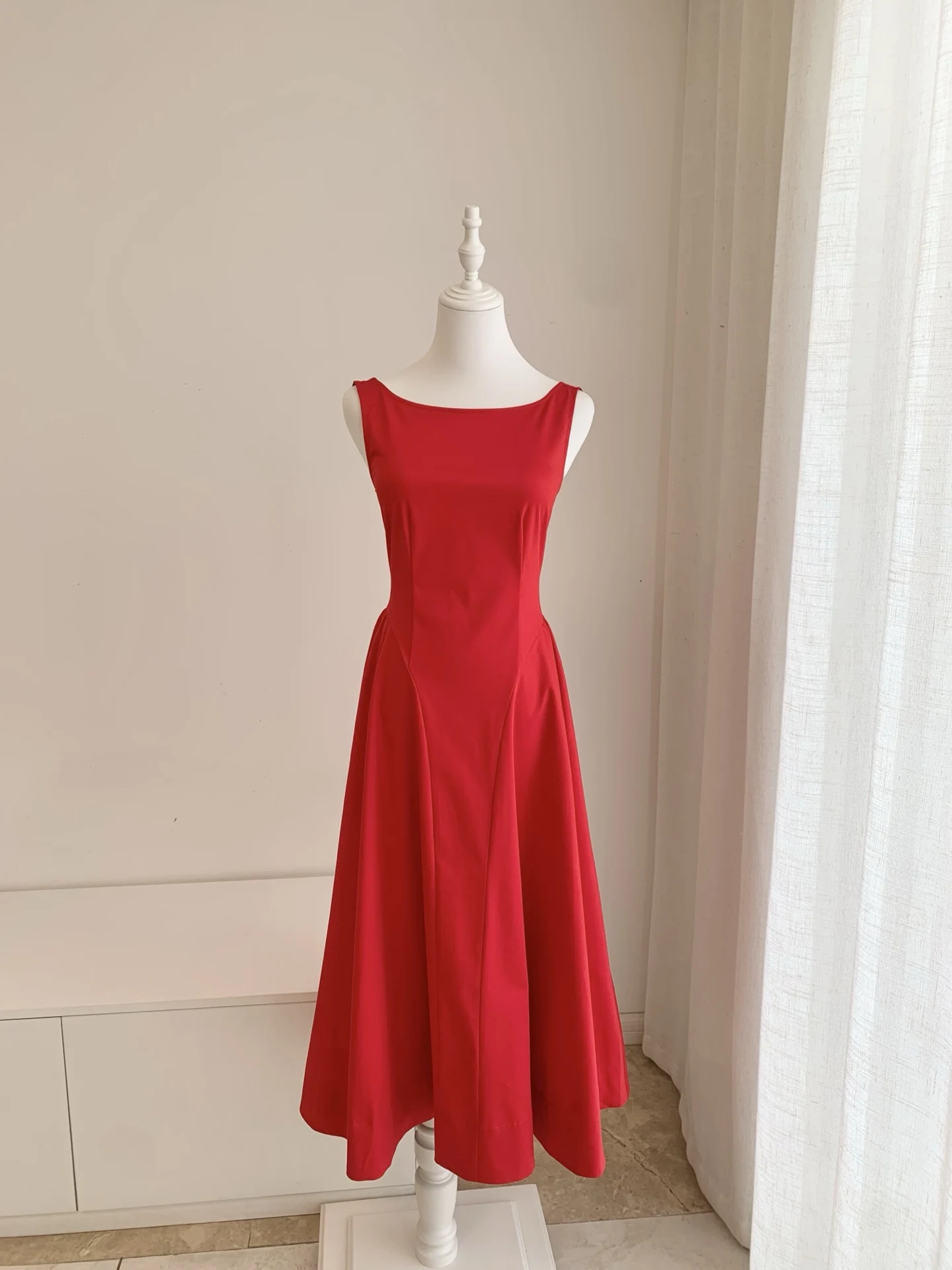 

Women Black or Red Midi Dress Cotton Blend Bateau Neck Sleeveless High Waist Fashion Ladies Robe