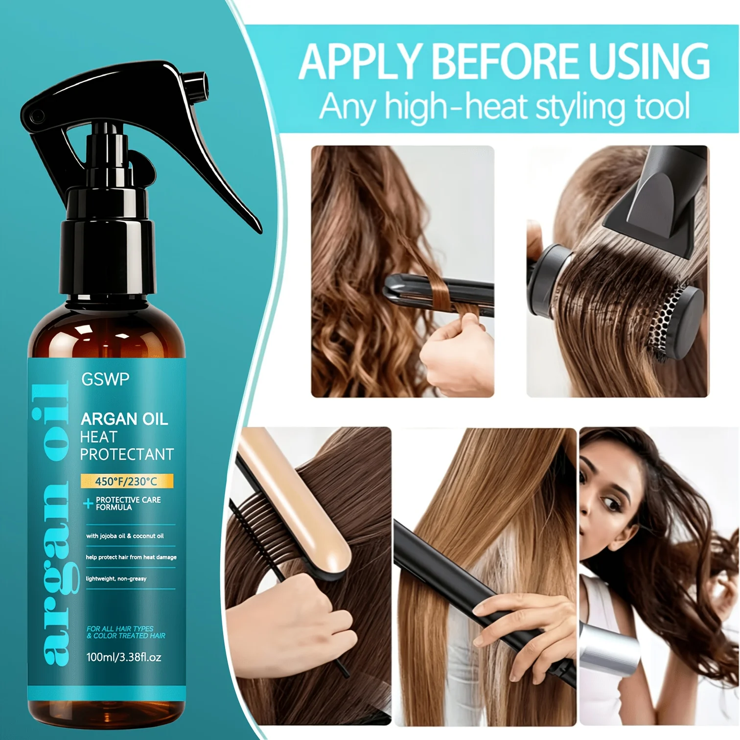 GSWP Arganöl-Schutzspray, 450 ° F Hitzeschutz für Haare, Leichte und Feuchtigkeitsspendende Nährende Arganöl-Haarkur. 100/200ml – Detail 8