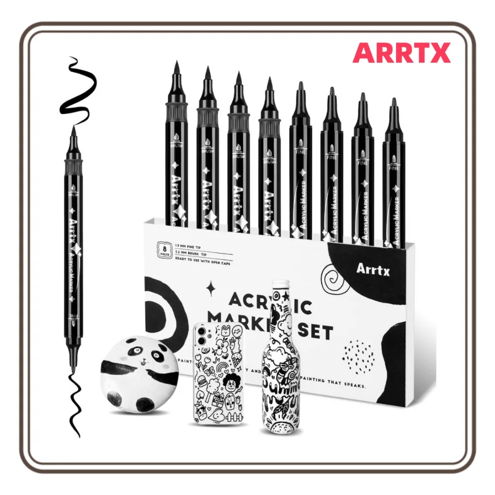 Arrtx Black Acrylic Paint Pens 8 Pack Brush Tip and Fine Tip Paint Markers for Rock Painting Water Acrylic Canvas Easter Egg