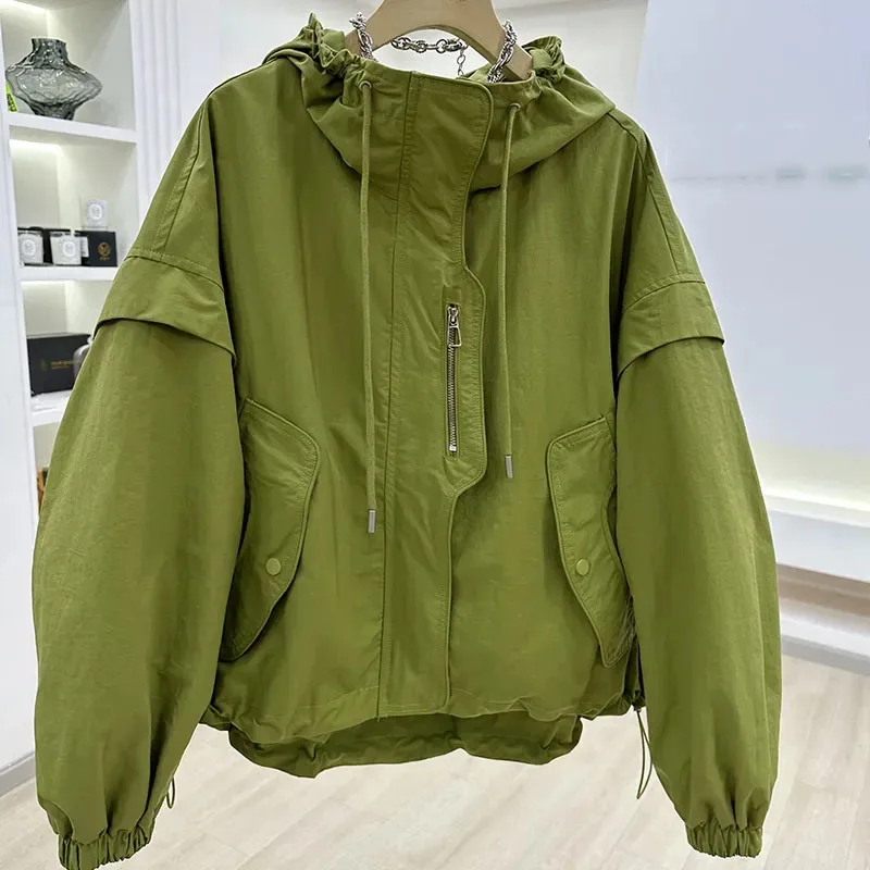 Women Spring Hooded Baseball Jacket 2024 Female Short Long Sleeved Tops Coat Design Sense niche Ladies Loose Fitting Outerwear