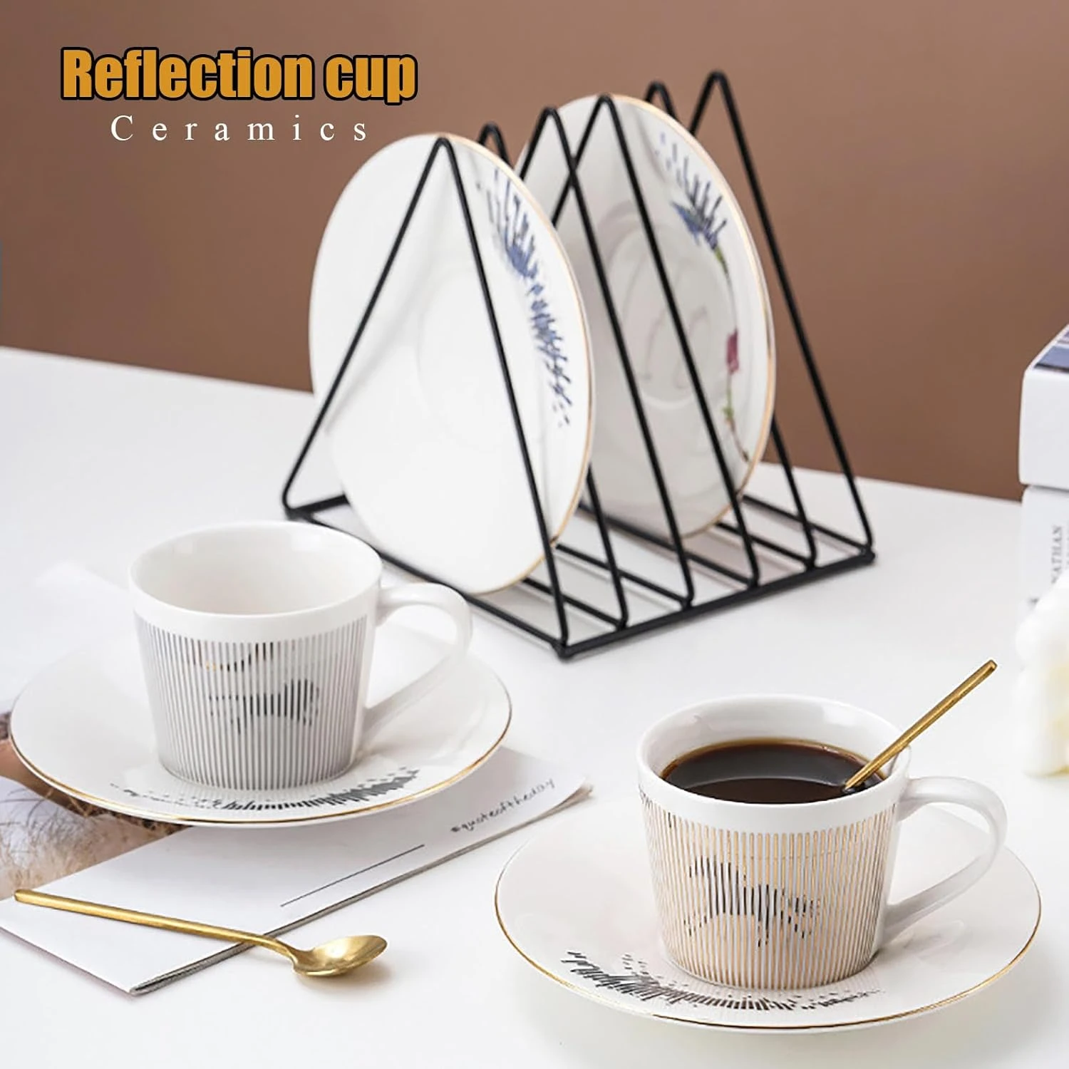 Dynamic Reflection Ceramic Coffee Cups - 8.5oz Set for Cappuccino, Tea, Juice and Milk - Elegant Tea Cups and Saucers - Perfect 