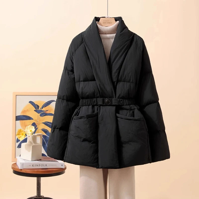 

Loose Belt V-neck Collar Fashion Autumn Winter Outwear Korean Style Coat 2025 New Women White Duck Down Jacket Casual