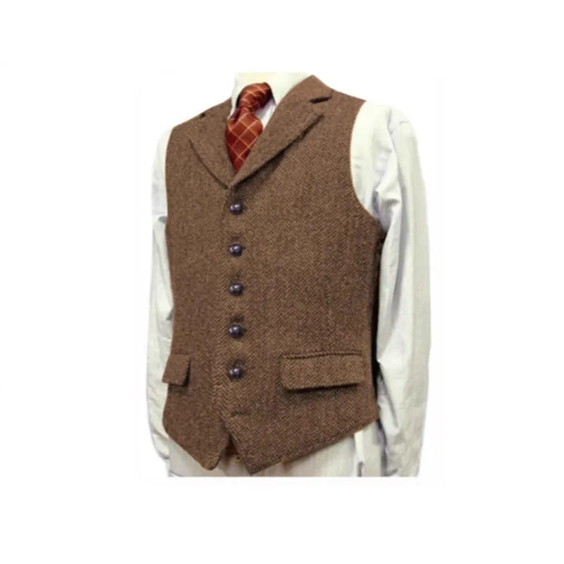 

New Men's Vest Brown Lapel Herringbone Groom Wedding Dress Suit Vest