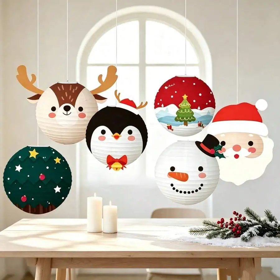6Pcs Christmas Paper Lanterns Cute Cartoon Santa Snowman Reindeer Penguin Hanging Lantern Foldable Xmas Home Party Ceiling Decor