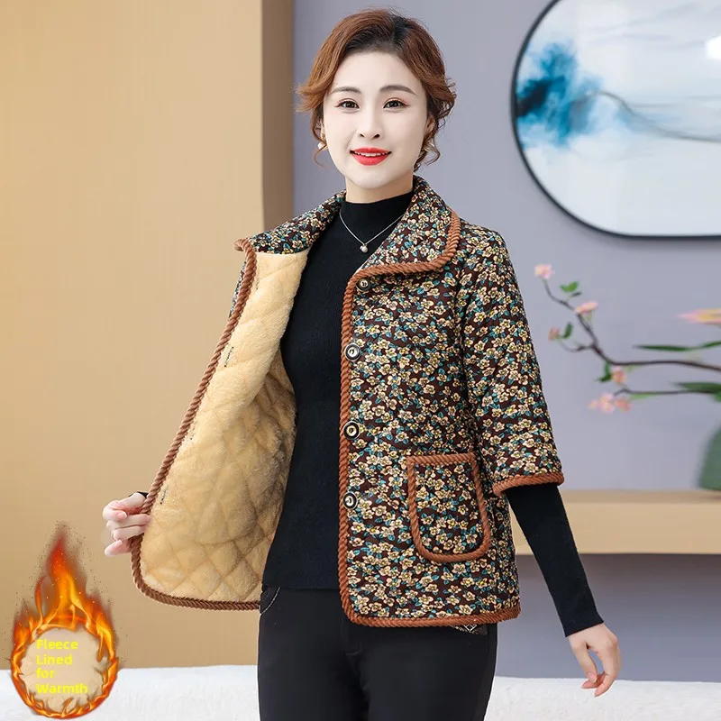 

plus Size Short Cotton Jacket for Middle-Aged And Elderly Women Autumn Winter Fleece Lined Seven-Five Sleeve Open Cardigan