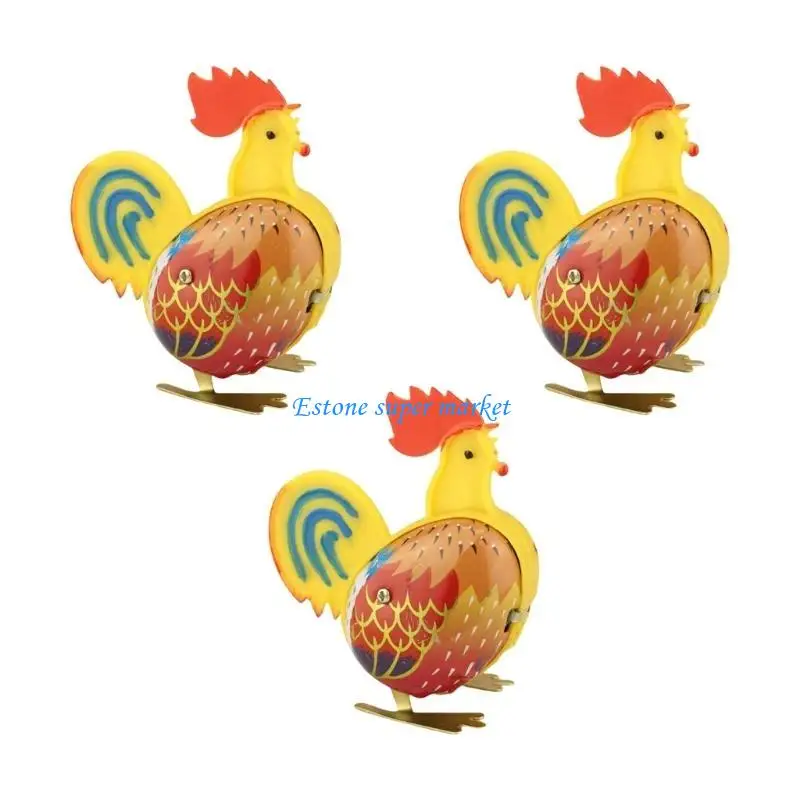 090B Antique Windup Rooster Toy Tinplate Chicken Clockworks Figure Home Decors 3PCS