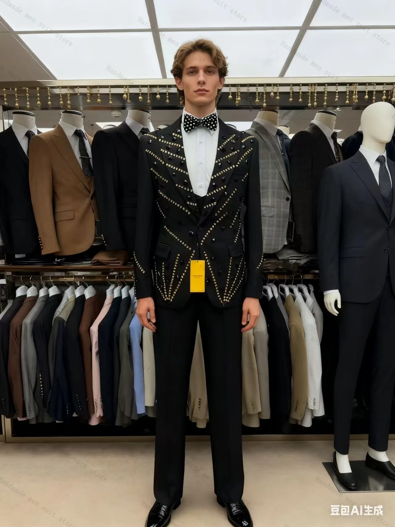 

Formal Black Men Suit Set 2 Pcs Blazer+Pants Crystals Shiny Prom Wedding Tuxedos Coat Cotton Customized Office Business Jacket