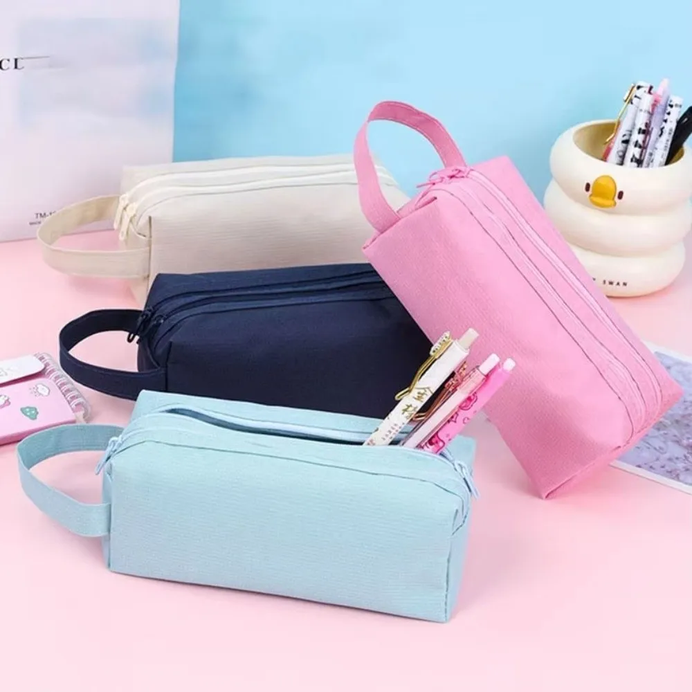 New Large Capacity Pencil Case Double Zippers Solid Color Pencil Pouch Waterproof Stationery Case