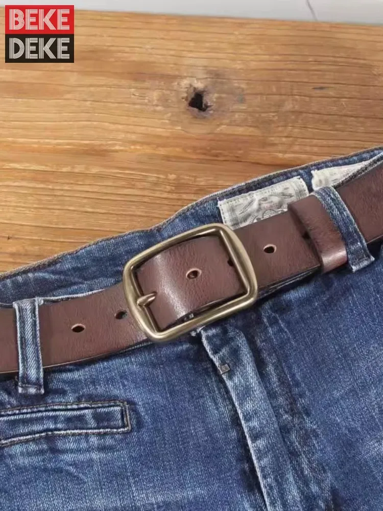 

Vintage Handmade Mens Genuine Leather Belt Copper Buckle Cowhide Trendy Versatile Needle Buckle Men Belt For Jeans