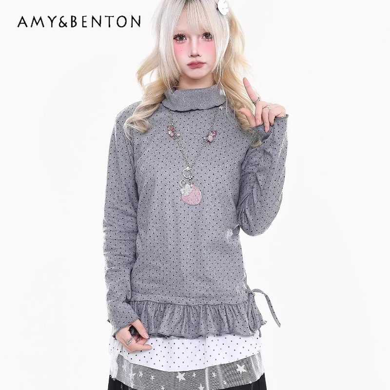 

Корейская милая женская футболка в горошек с длинным рукавом, весна-осень 2026, новая универсальная блузка с полувысоким воротником для женщин