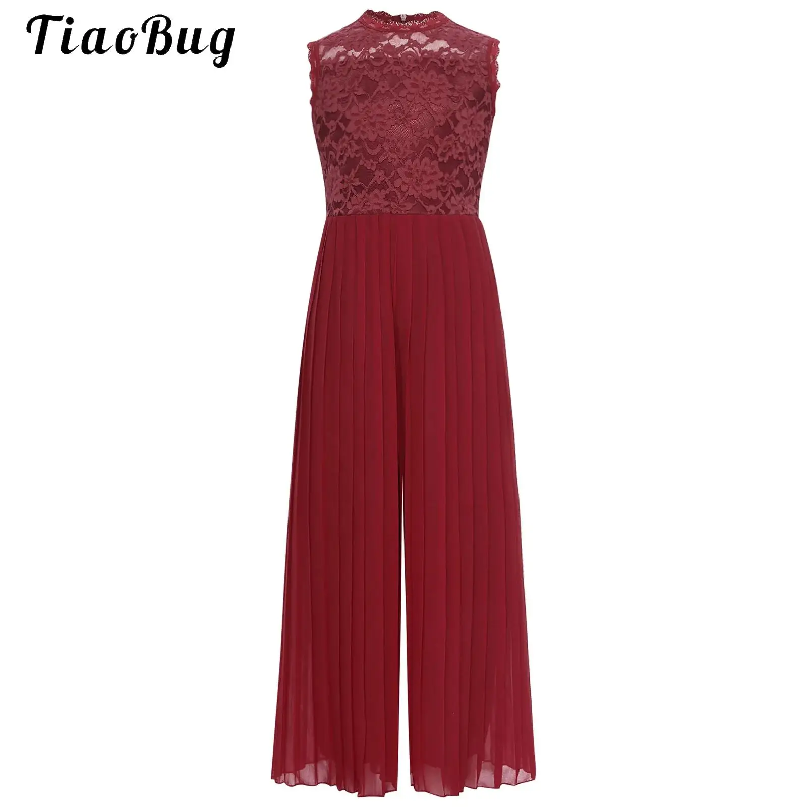 

Girls' Jumpsuit Festive Elegant Floral Lace Trouser Suit High Waist Pleated Wide Leg Overall for Kids Wedding Party Evening Suit