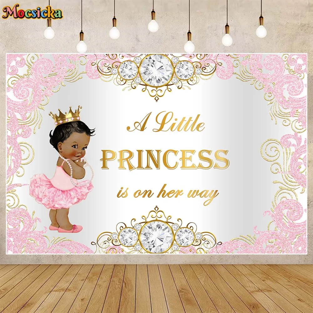 

Mocsicka Royal Baby Shower Backdrop Diamond Black Girl Welcome Party Decoration A Little Princess Is On The Way Photo Background