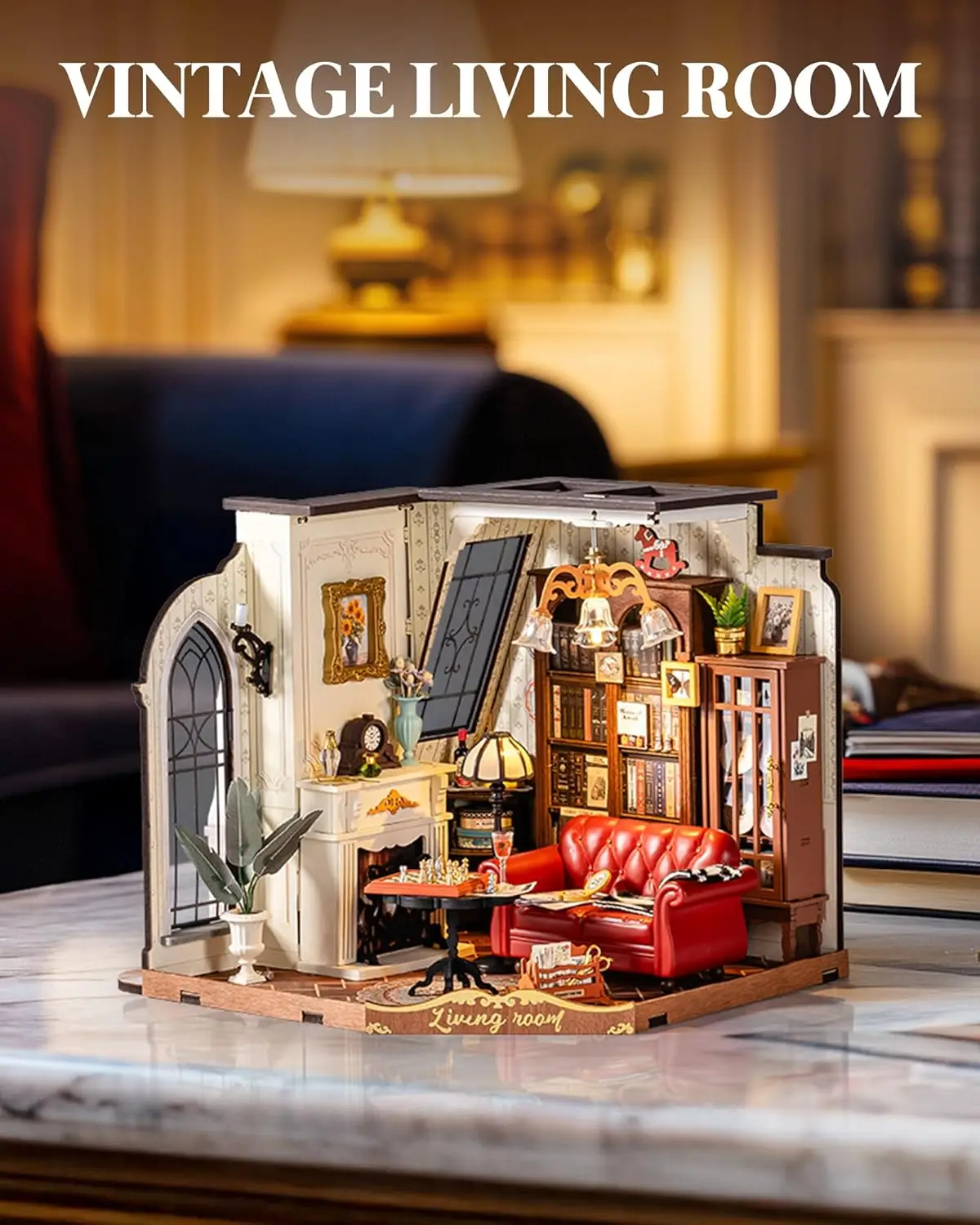 Robotime DIY Miniatur-Puppenhaus-Set, Catherine's Wohnzimmer, Holzbausätze mit LED-Leuchten, Modellbausätze für Erwachsene, Geschenk