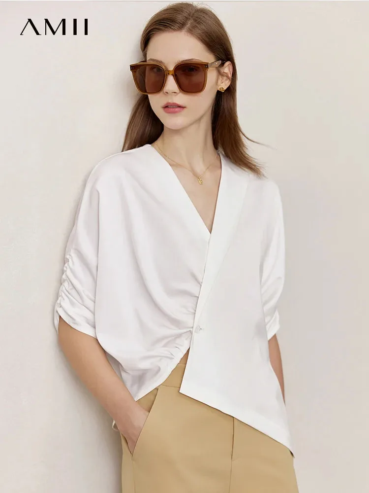 AMII Minimalism Shirts 2024 Women Summer Office Lady Fashion Blouse Solid Half Sleeve Loose Shirts Female Chic Tops 12342292