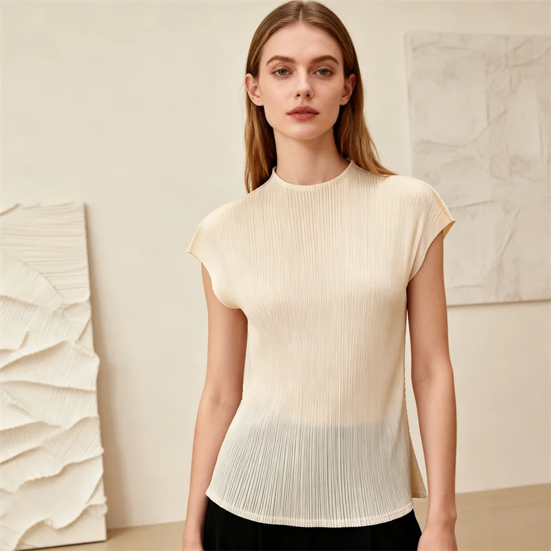 Miyake plissado camiseta plisse simples sólido gola dobrável topos feminino 2025 verão plissado novo fino pregas camiseta feminina