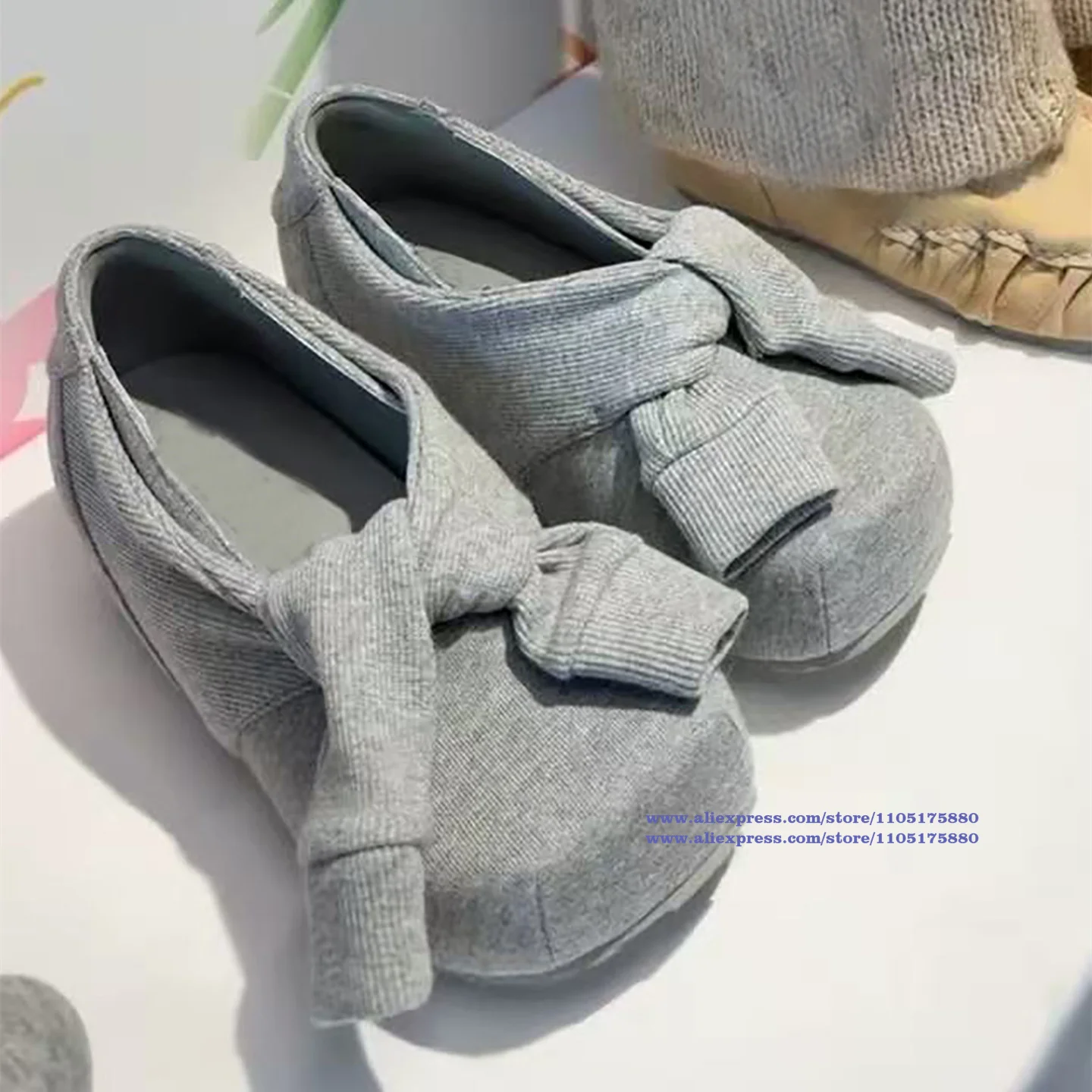 Grey Knit Fabric Big Bow Mary Jane Shoes Women Soft Ribbed Knit Slip On Comfort Casual Dress Flats ﻿Sandalias De Mujer Verano