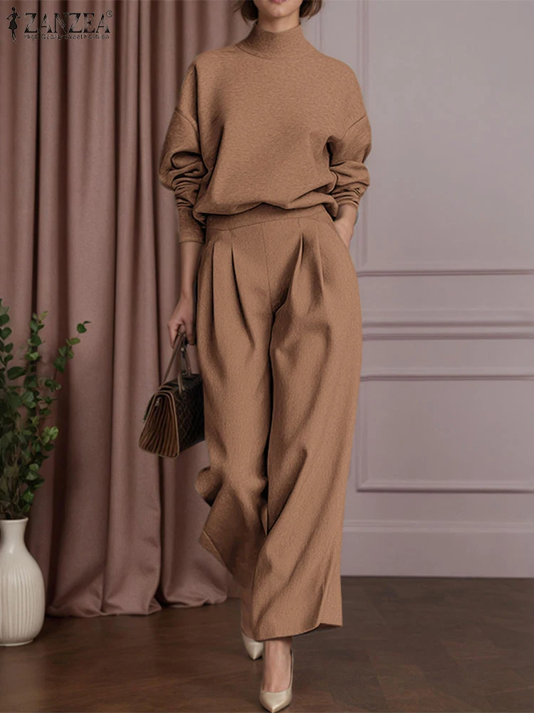 ZANZEA Women Sweatshirt Pant Sets 2025 Fashion Stand Collar Solid Pullover and Pockets Long Pants Casual Elegant Streetwear 2PCS