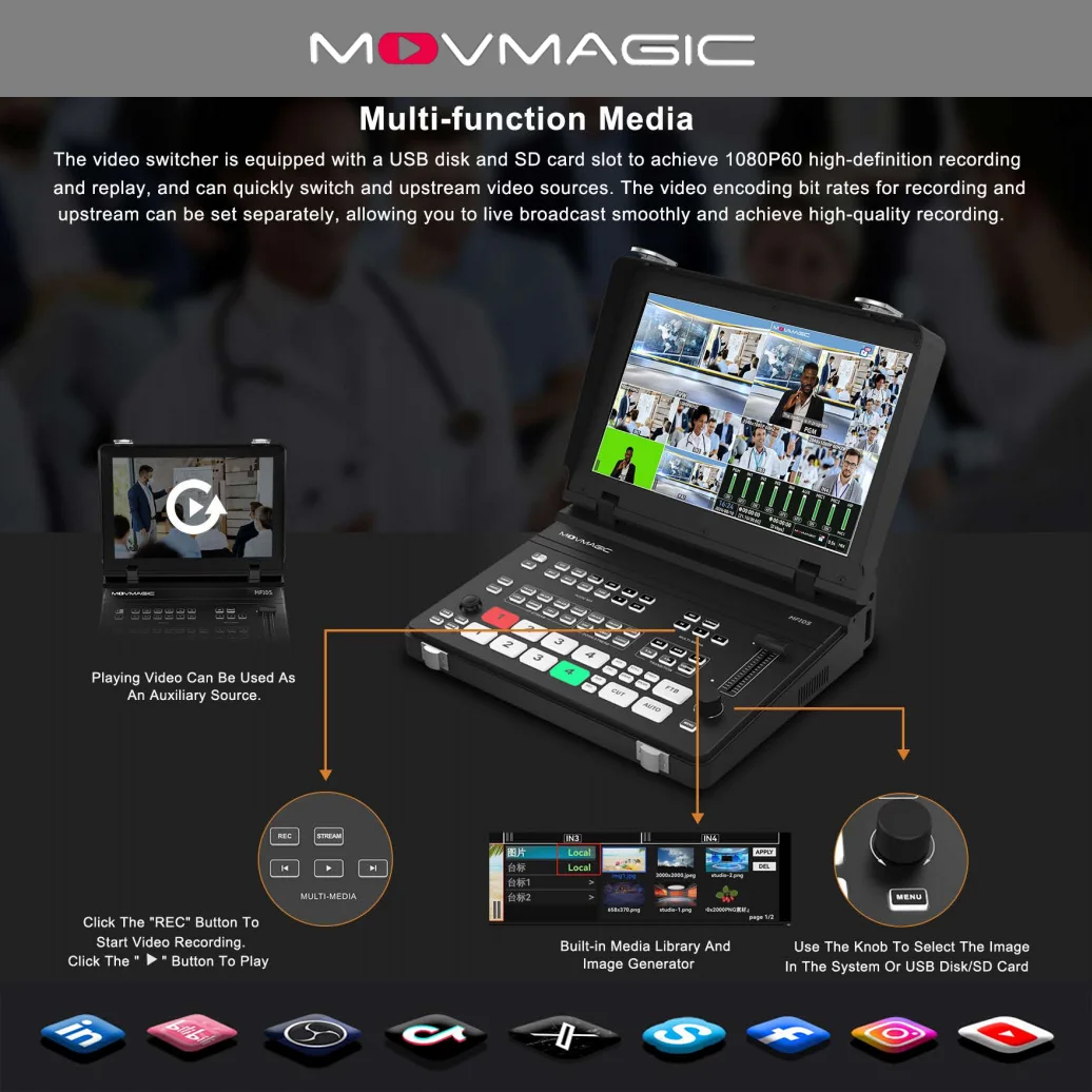 10.1 Inch Screen Movmagic MF10 FHD 5-Channel Foldable Metal Case Video Switcher & Mixer 8-Layer Ability For Transition Effects