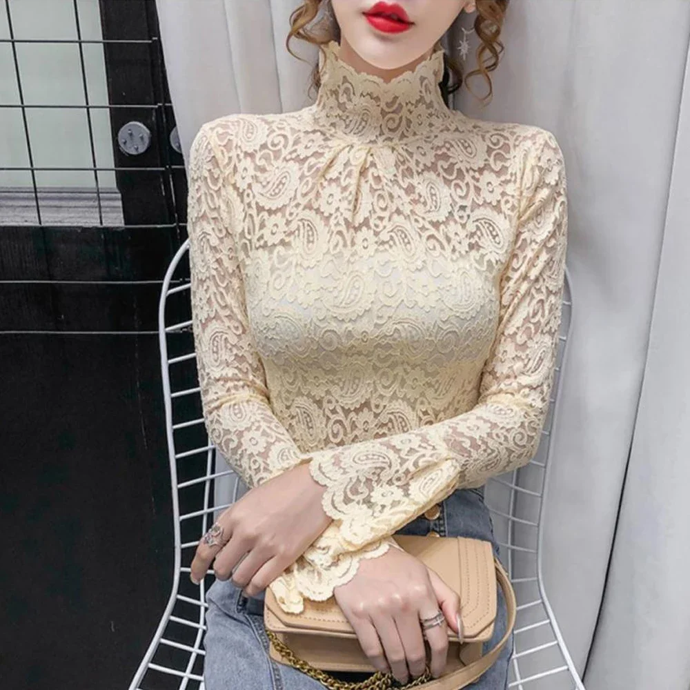 

Women S-2XL Paisley Lace T shirt Girl Sexy Turtleneck Long Sleeve Slim Black Green Pink Coffee Lace Crochet Patchwork Tee Tops