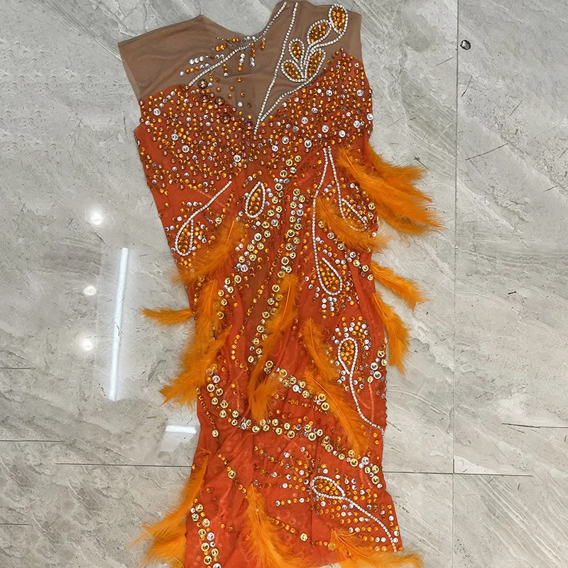الماس عيد ميلاد زي ملهى ليلي بار ريشة سليم فستان المغني مأدبة Vestidos De Ocasião الرسمي Vestidos De Fiesta De Lujo