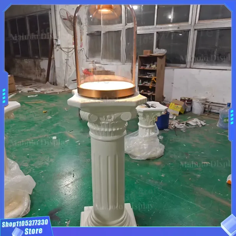 Vintage White Roman Column Display Stand with Antique Bell Glass Dome for Museum Art Exhibition Luxury Custom Base Decor