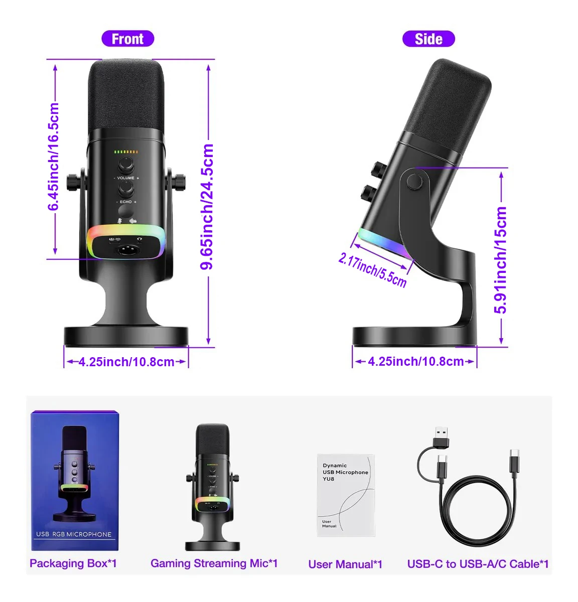 USB/XLR Dynamic Microphone for Gaming Streaming | Podcast Mic with RGB Light, Mute Button, Headphones Jack, Desktop Stand view 2