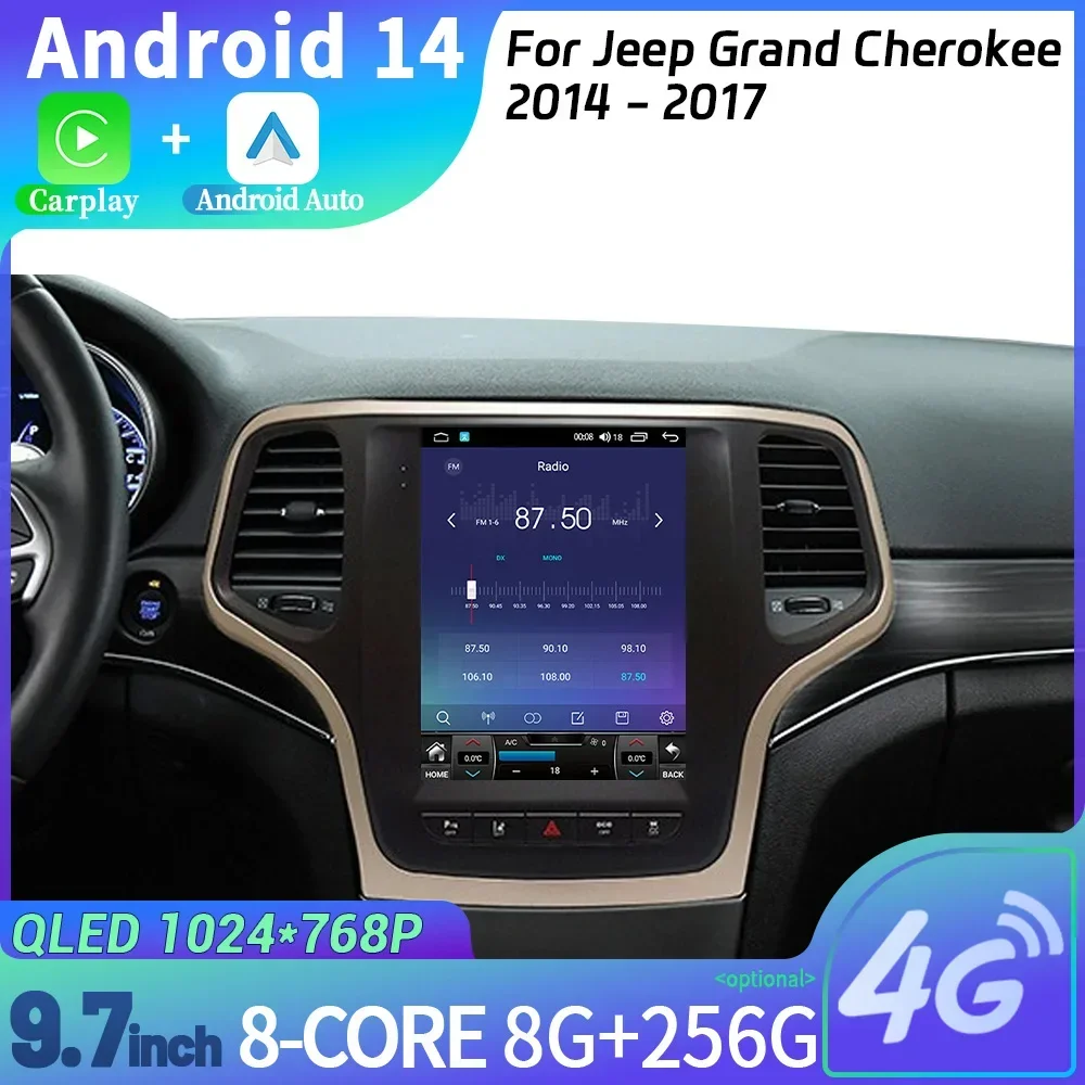 9.7inch Android 14 Car Radio For Jeep Grand Cherokee 2014-2017 Stereo Multimedia 4G GPS Wireless Bluetooth Carplay Touch Screen