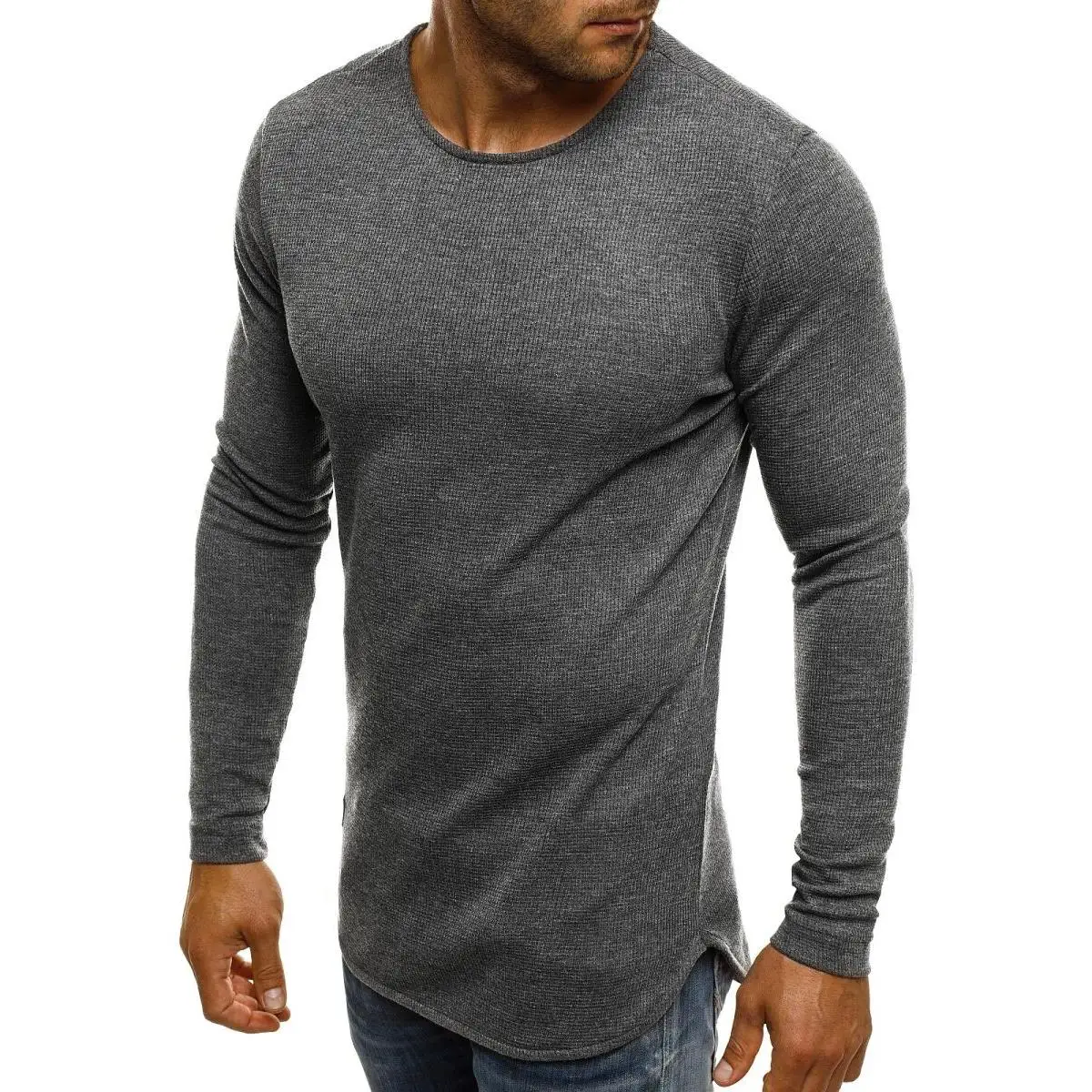 

Мужская трикотажная футболка средней длины в полоску с длинным рукавом и круглым вырезом, пуловер из полиэфирного волокна, повседневная одежда, молодежная мода